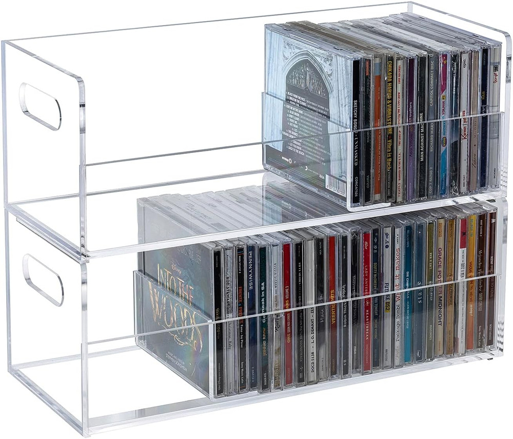 Modern Premium Clear Acrylic Stackable CD Holder Racks with Cutout Carrying Hand