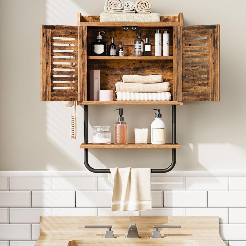 Wall Mounted Bathroom Cabinet W/ Shutter Doors Adjustable Shelf & Hooks New