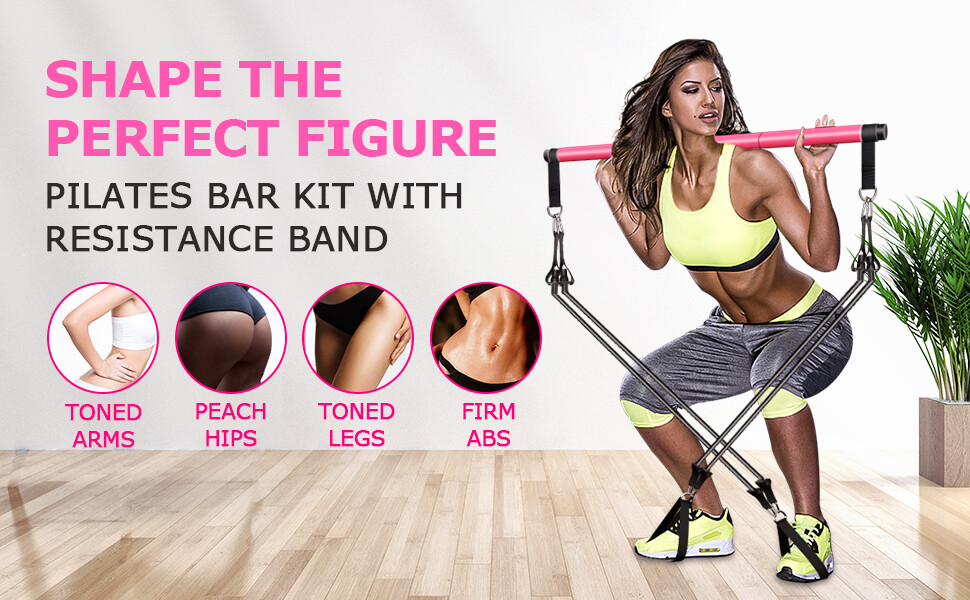 3-Section Pilates Bar Kit with 4 Stackable Resistance Bands PINK (30/40 LBS)