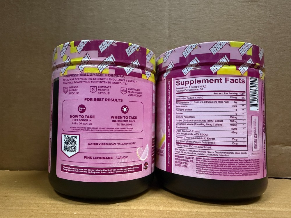 2 PACK REDCON1 TOTAL WAR Pink Lemonade Workout 60 Serving 5/2026 Free Ship