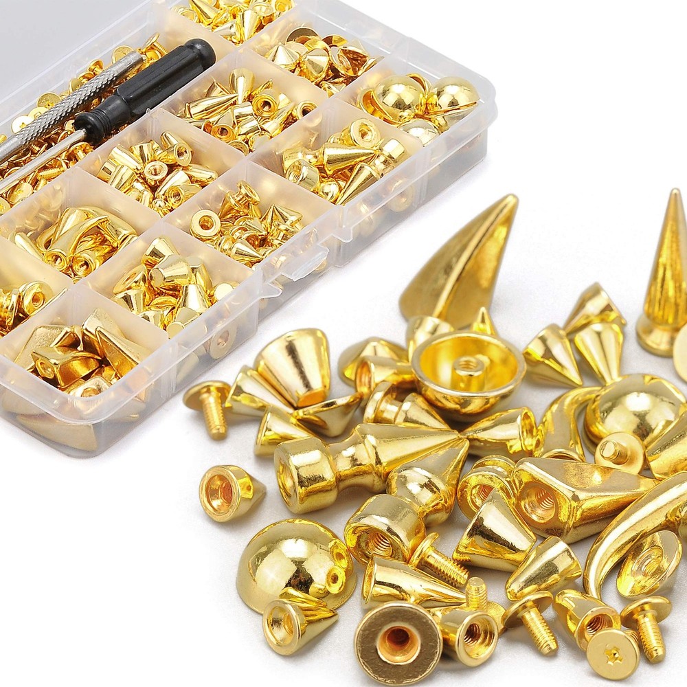 270 Sets Mixed Shape Spikes and Studs Gold Color Screw Back Bullet Cone Studs...