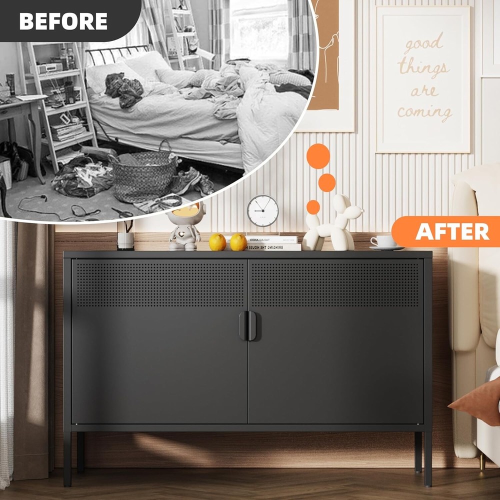 Cofar Black Storage Cabinet Steel Frame,Sideboard With 2 Doors,Adjustable Shelf