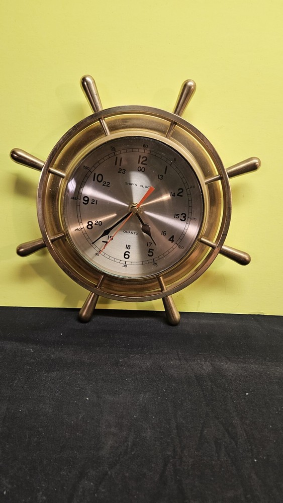 Vintage Ship's Time Solid Brass Wheel Nautical Marine Quartz Wall Clock Working