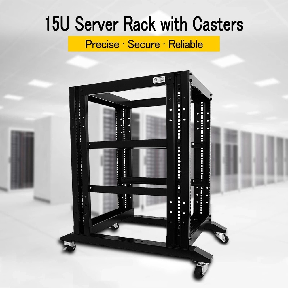 15U 4 Post Open Frame 19" Server Steel Rack 24" Deep With Supporting rails