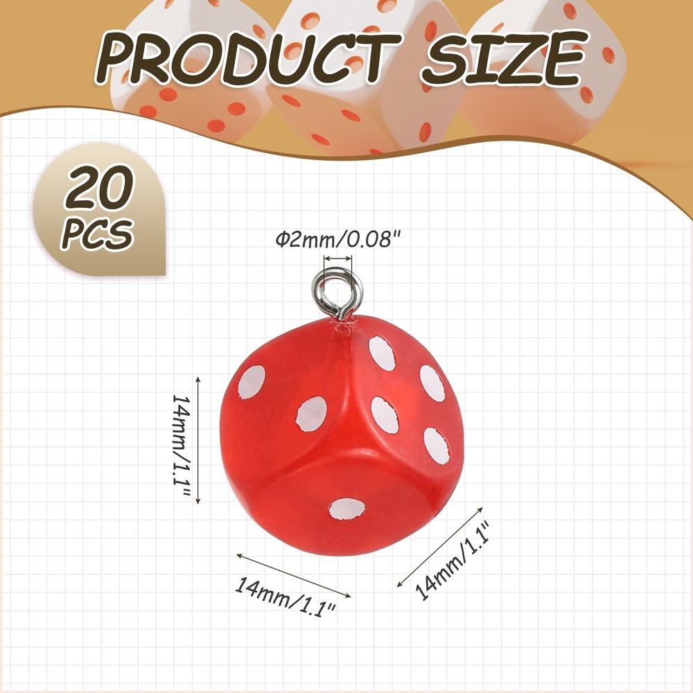 20 Pcs Transparent Dice Beads Charm Pendant (Red)