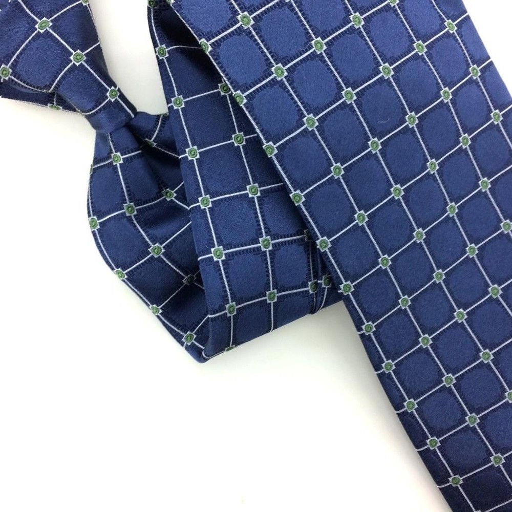 Saddlebred Tie Blue Green Silver Inter linked Squares Silk Necktie Woven #I23