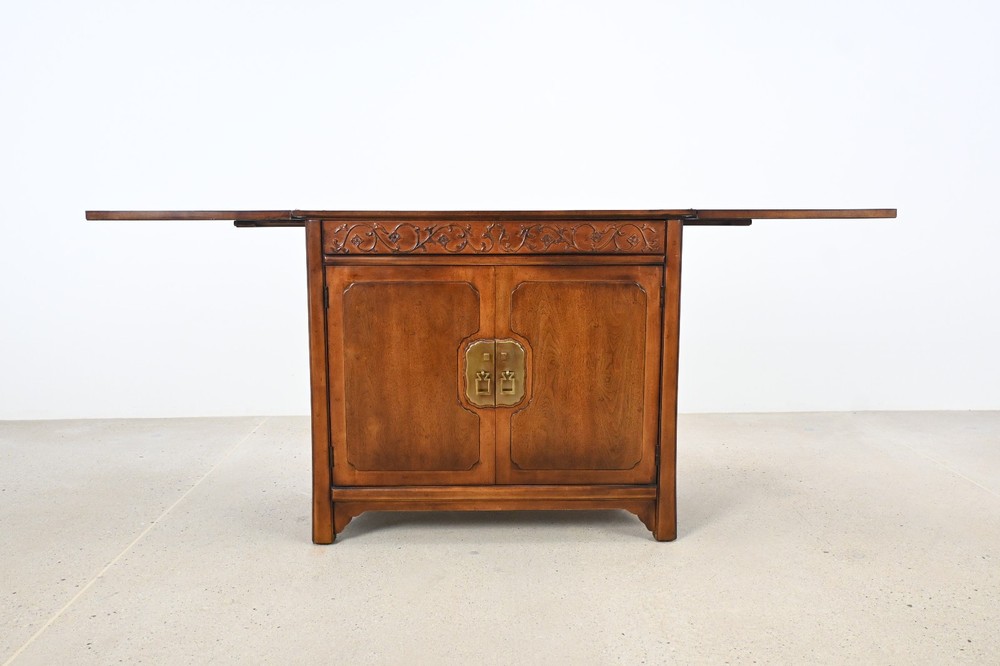 Henredon Hollywood Regency Chinoiserie Walnut Drop-Leaf Bar Cabinet Server