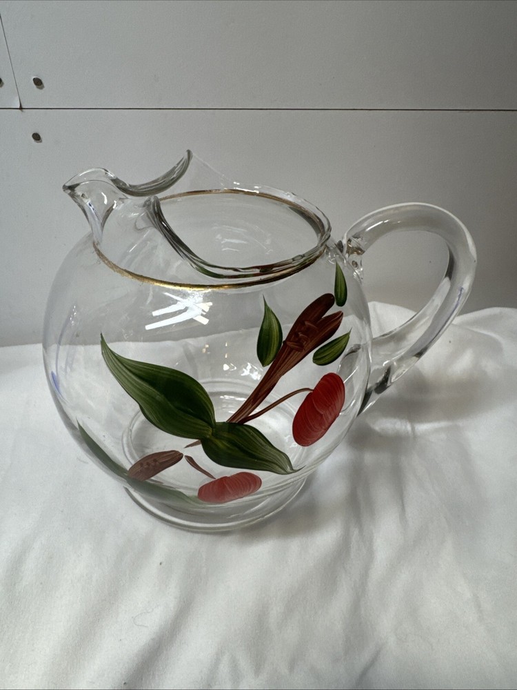 Dunbar Glass 1940's pitcher Clear hand-painted flower Applied Handle
