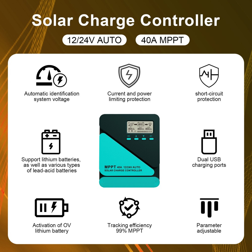 40A Solar Charge Controller 12/24V MPPT with Dual USB LCD Display Auto Regulator