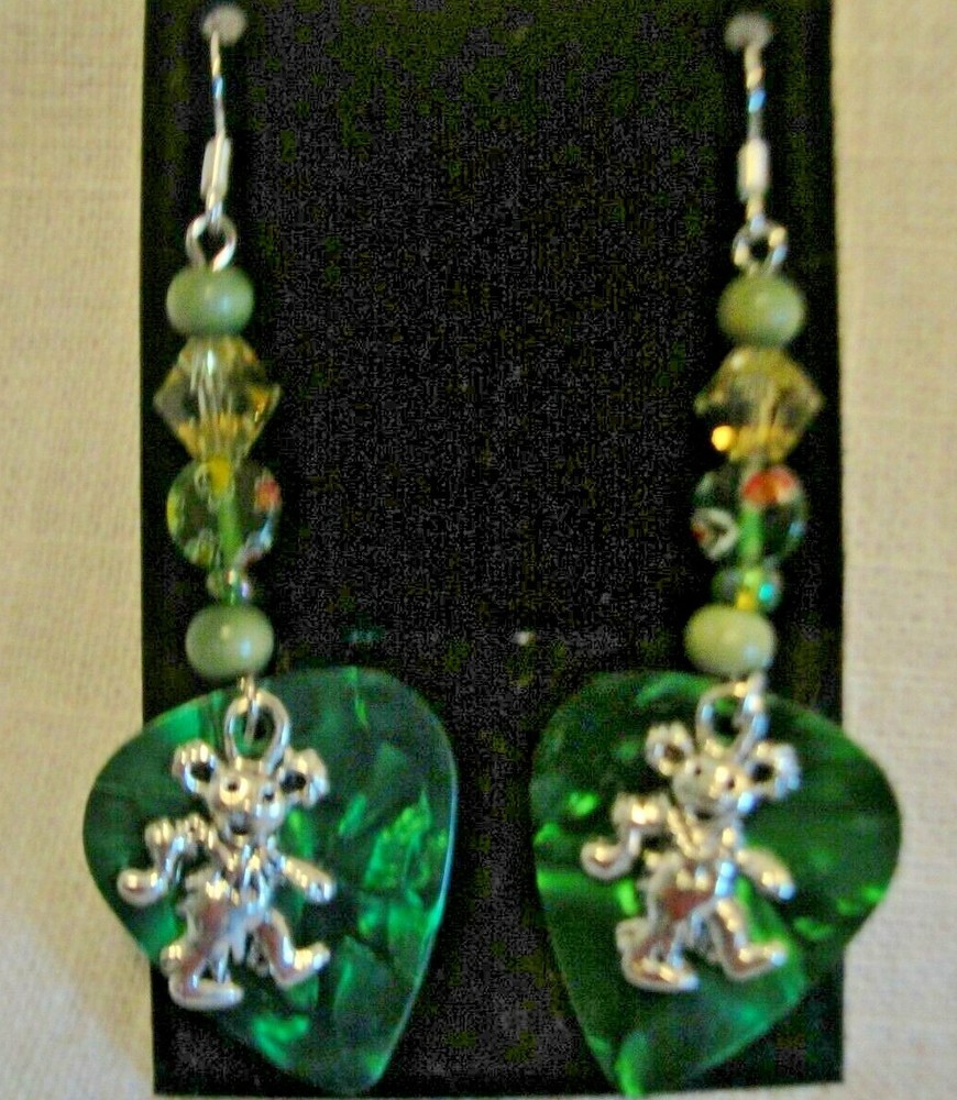 GRATEFUL DEAD DANCING BEAR GUITAR PICK EARRINGS-GREEN