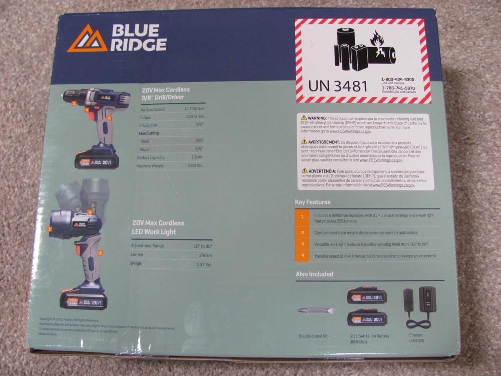 Blue Ridge Tools Cordless Drill/Driver & Work Light: 20V Lithium Ion 2 Batterie