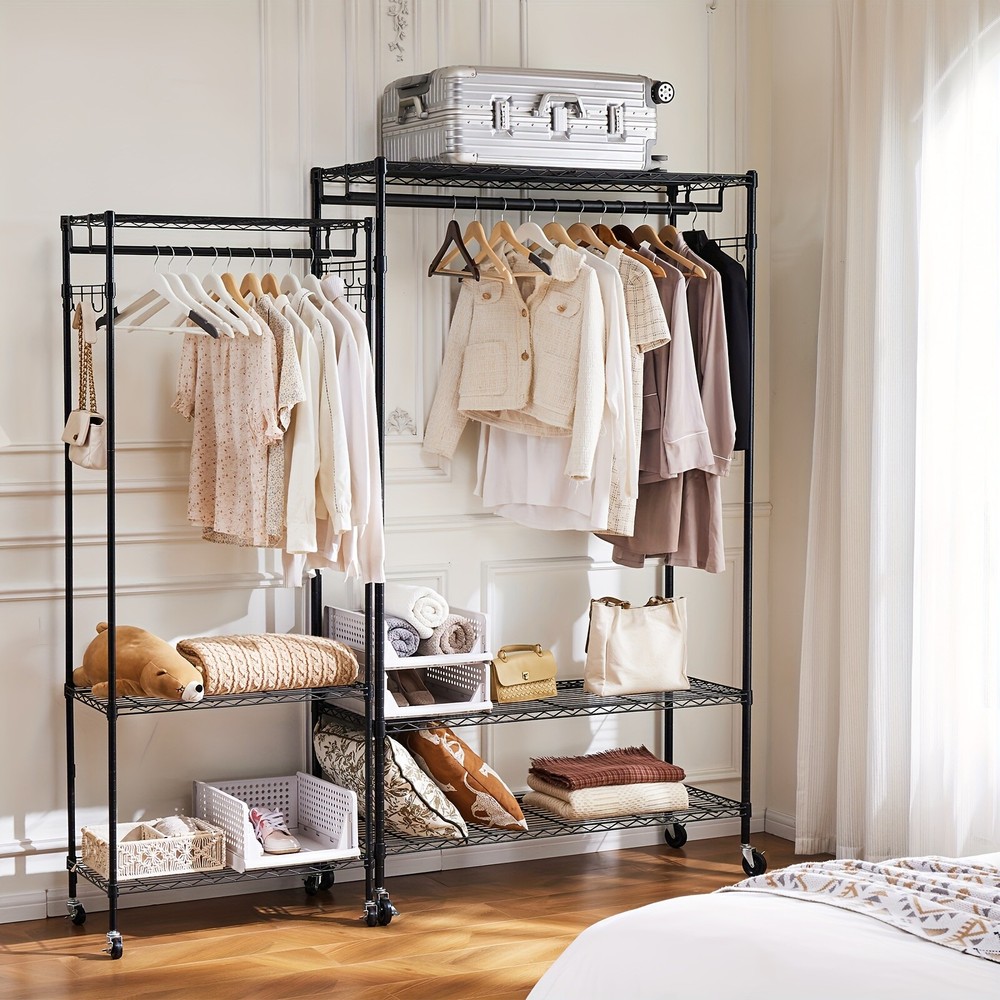 Multi-Functional Double Rods Clothes Garments Rack for Bedroom, Sturdy Metal