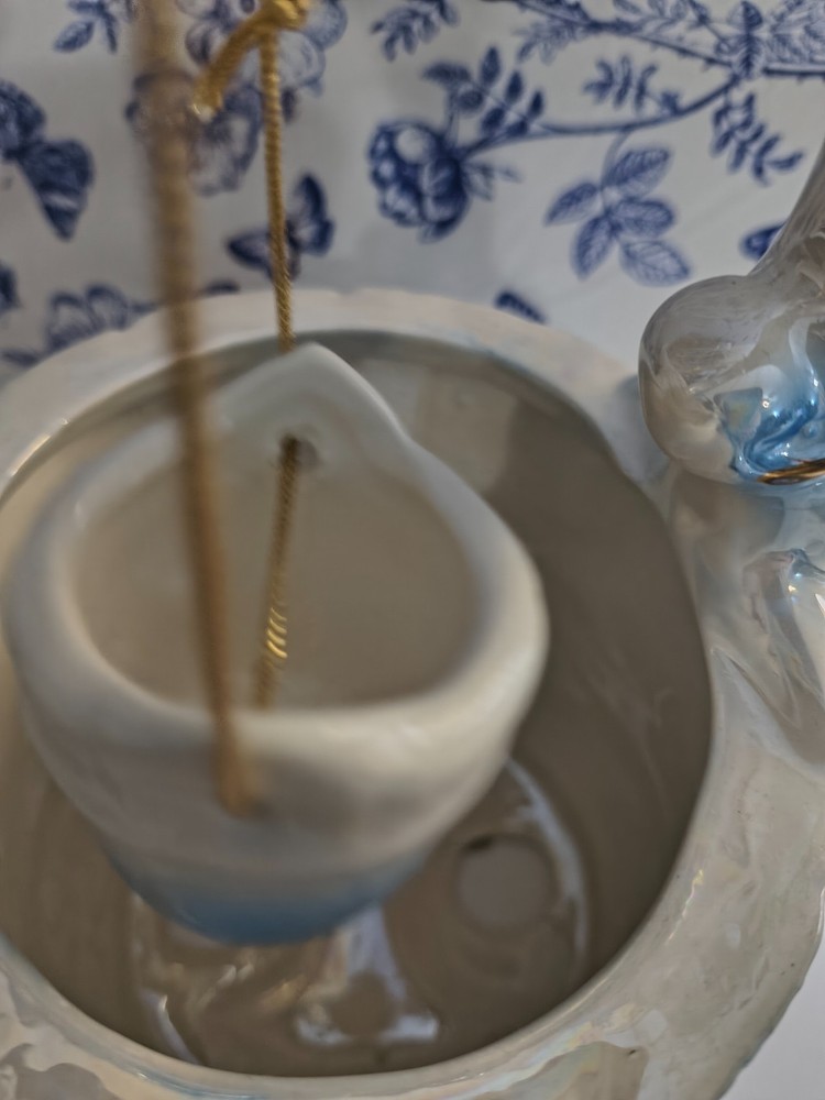 Ceramic Blue Lusterware Floral Wishing Well Bucket Planter
