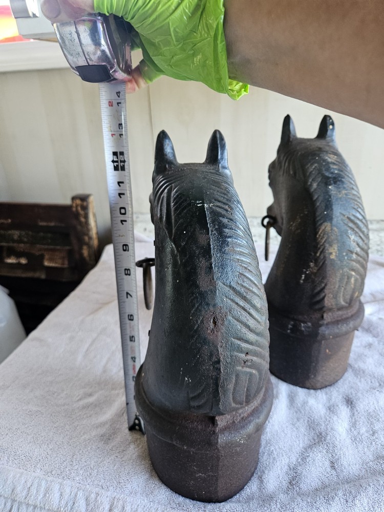 Circa 1900 : Two Double Ring Horse Head Adirons or Hitching Post Toppers