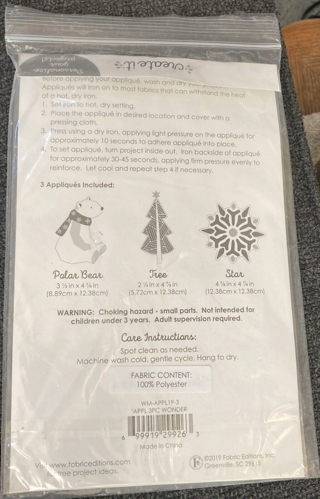 3 Iron On Appliqués: Polar Bear, Star, Tree in pkg