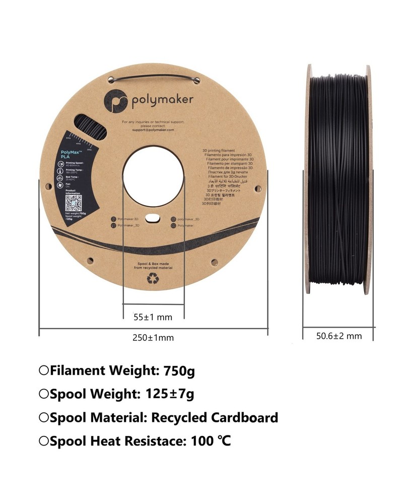 Polymaker Polymax Tough PLA 3D Printer Filament 1.75mm 0.75kg Black, PolyMax ...