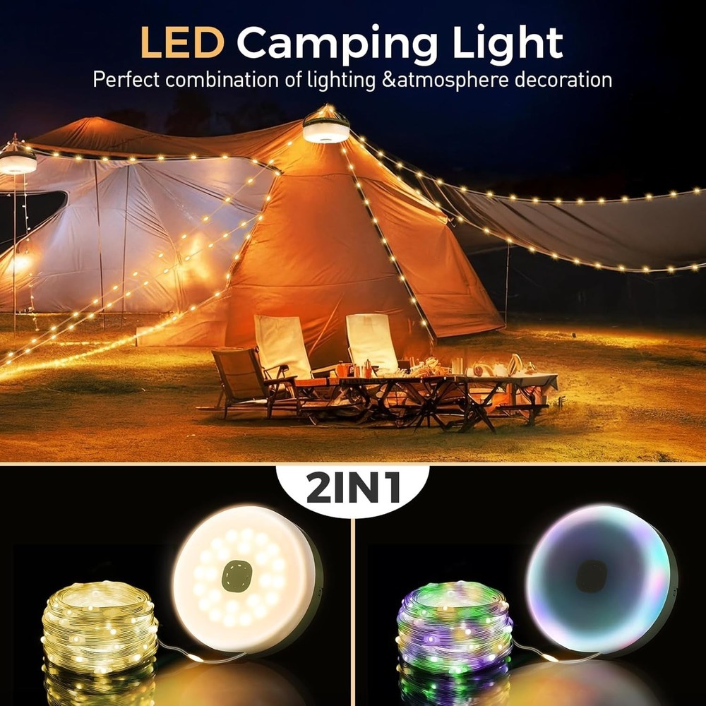 2 Pack Rechargeable Camping String Lights 32.8FT 8 Modes Waterproof Portable