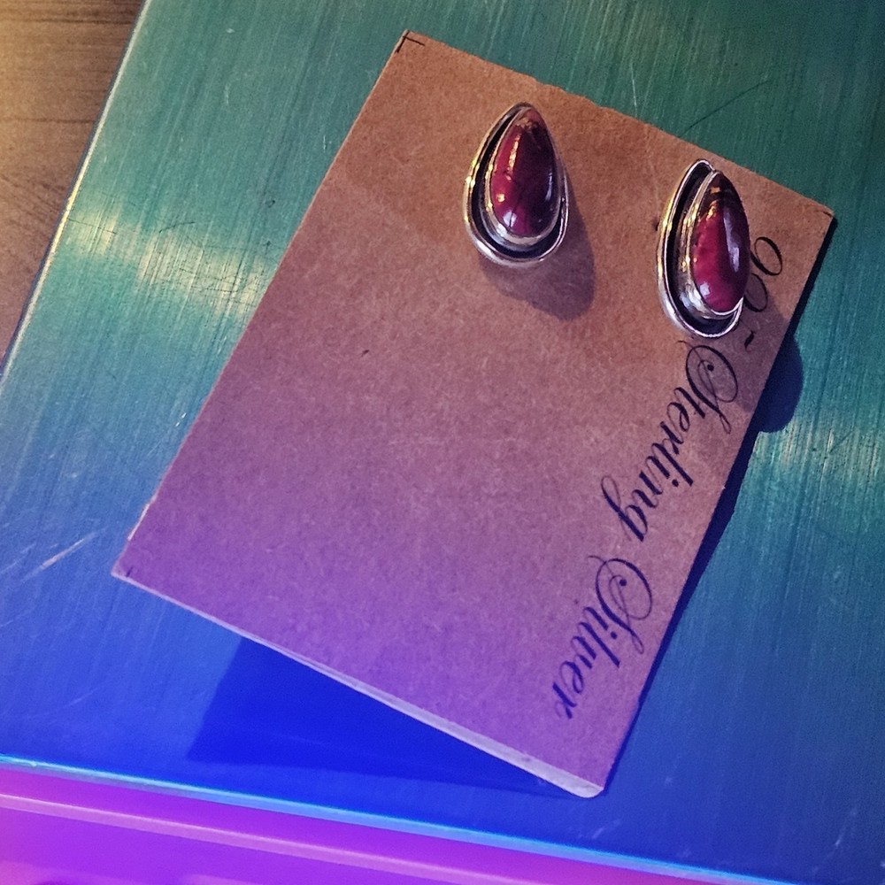 Sterling  Red Rose Dahlia Teardrop Closed Back Stud Earrings 1"