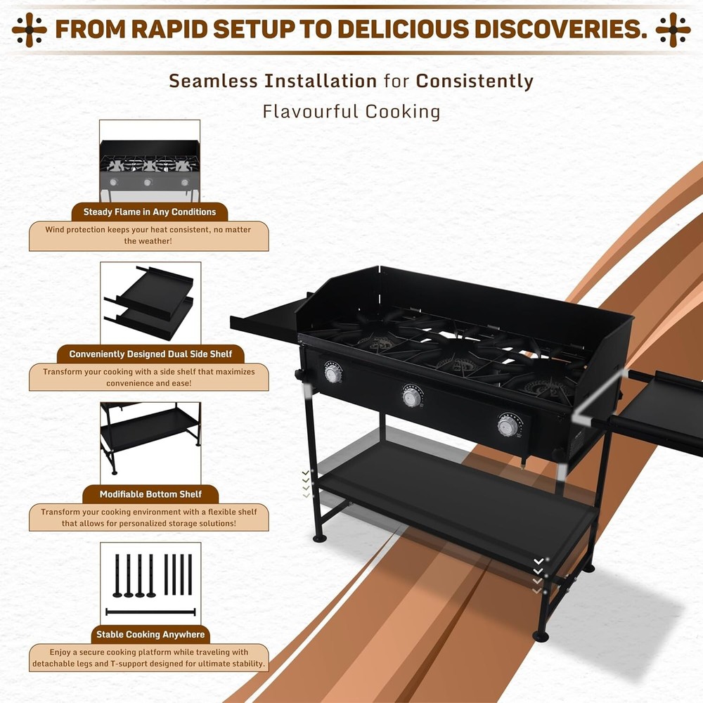 Three Burner Propane Stove - with Dual Side & Bottom Shelf and Wind Panel