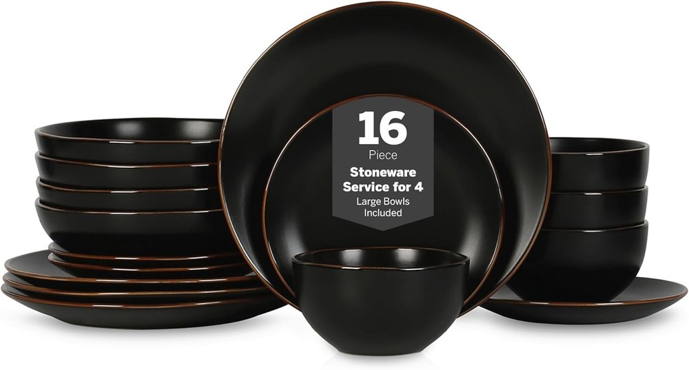 Brasa Stoneware 16 Piece Modern Dinnerware Set Plates & Bowls Service 4 Black