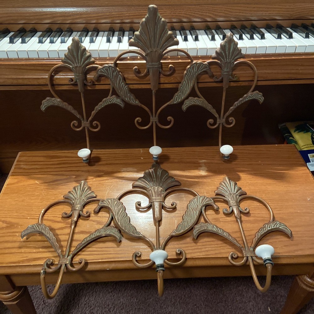 2 Antique Vintage Copper Coat Rack Hook Ornate White Knobs
