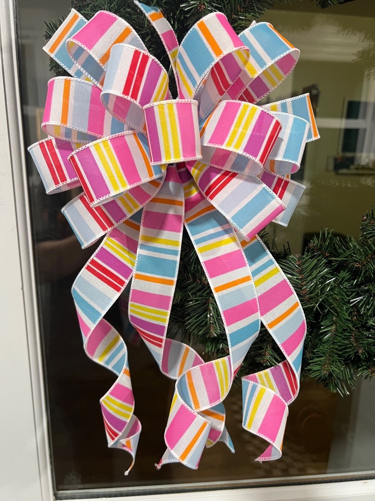 Handmade Bright Color Stripe Bow for Spring Summer Easter Beach Wreath Decor