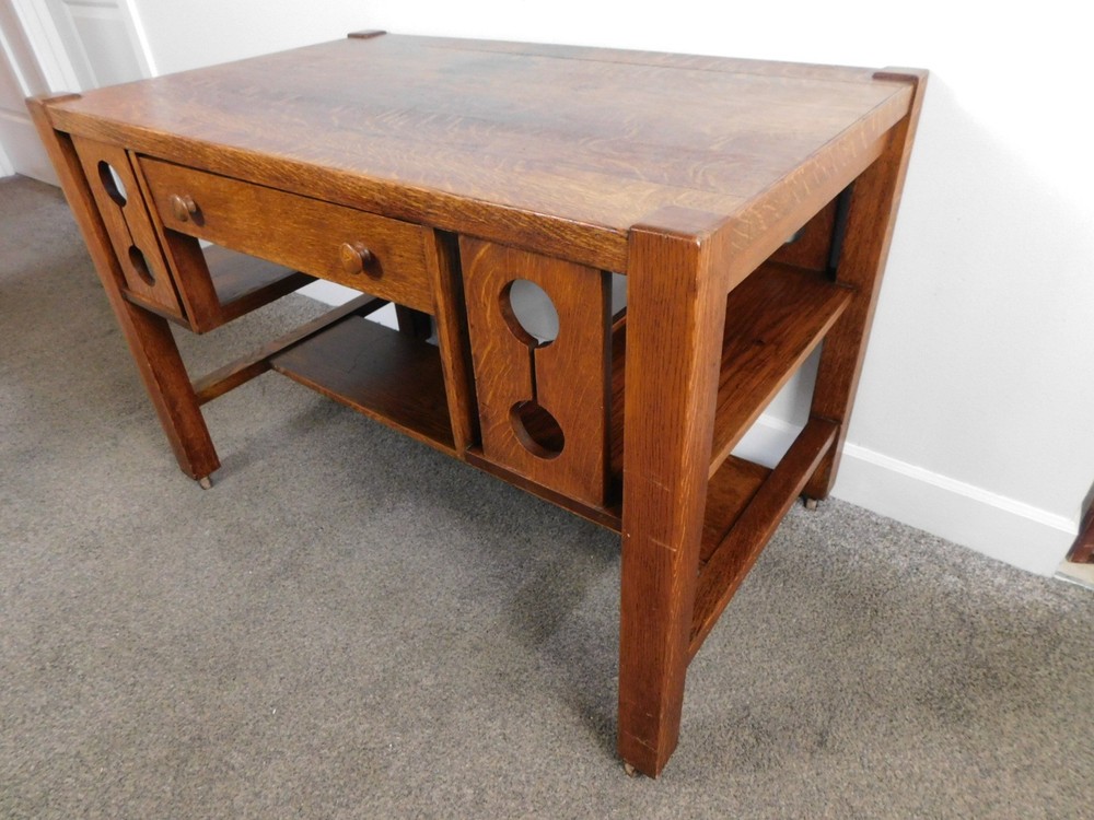Antique 1920s Arts Crafts Mission Solid Oak Bookcase Desk Library Console Table