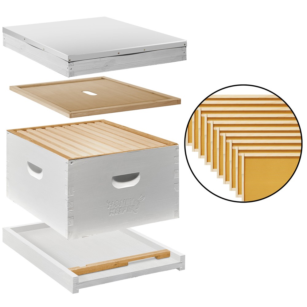 Beehive Starter Set, Painted and Assembled Hive Body Kit with 10 Frames, White