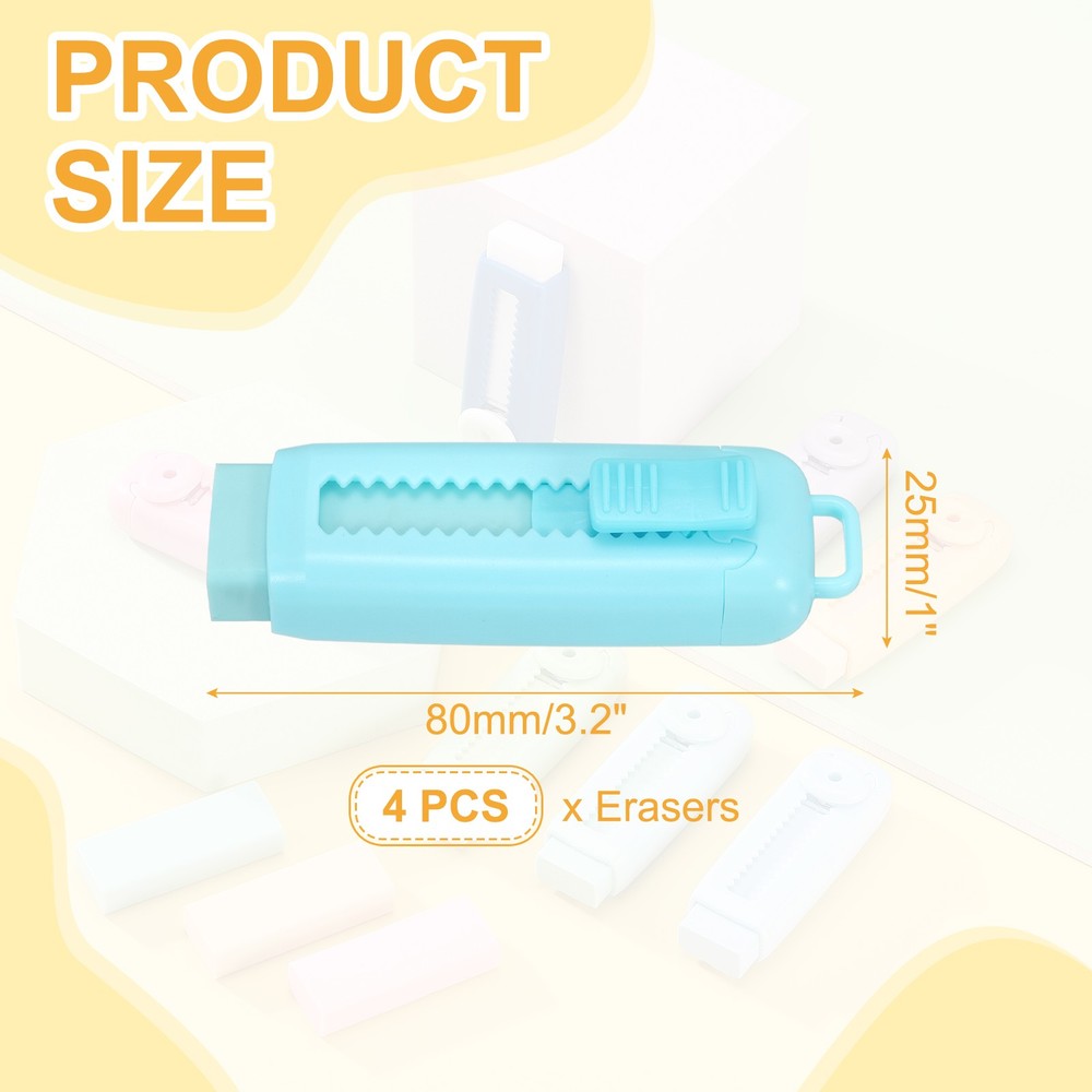 4Pack Erasers, Sliding Retractable Eraser Push Pull Cute Pencil Erasers, Blue