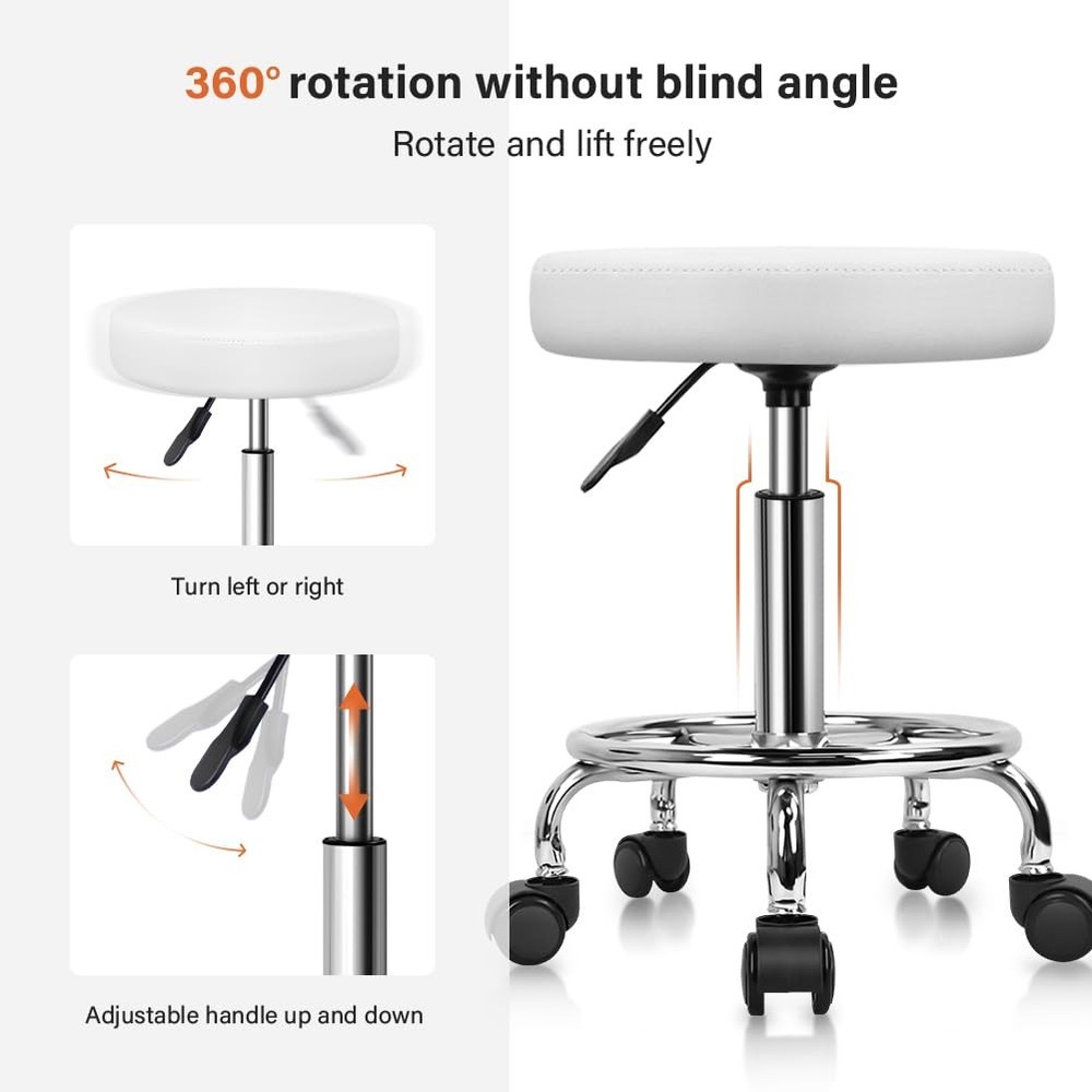PU Leather Round Rolling Stool W/ Foot Rest Swivel Height Adjustable Stool Spa