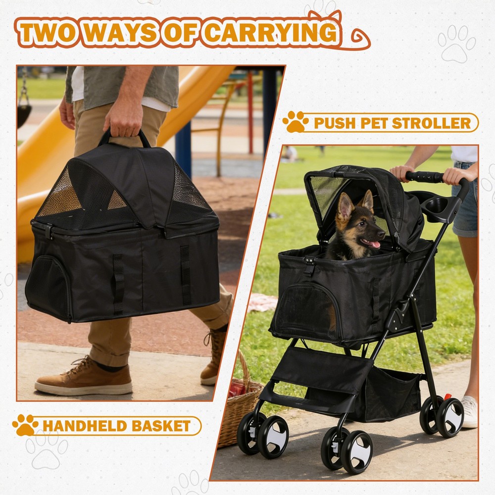 Pet Stroller 4 Wheels Foldable Dog Stroller w/Storage Basket Cup Holder Black