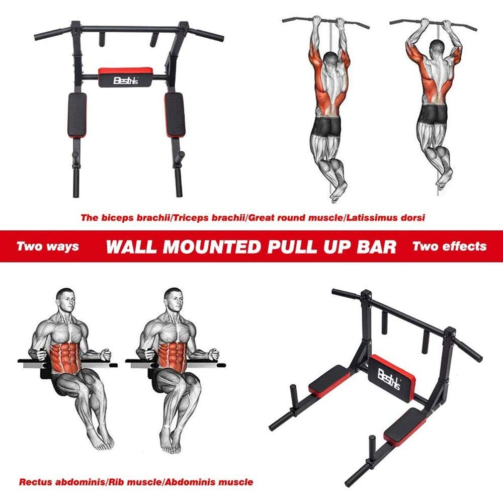 Wall Mounted Pull Up Bar and Dip Station, Heavy Duty Wall Mount Pullup Chin U...