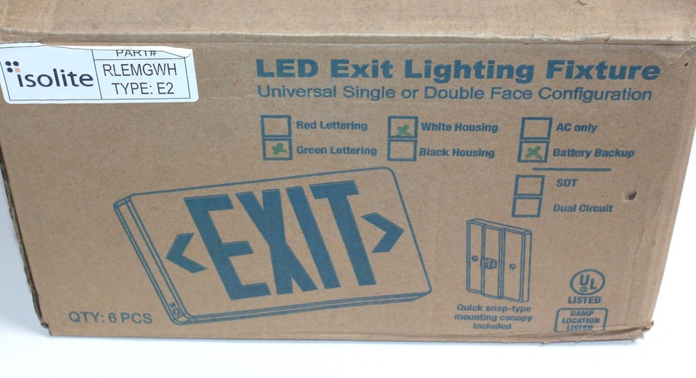 LED Exit Lighting Fixture Single or Double Face , Battery Backup, 6 PCS