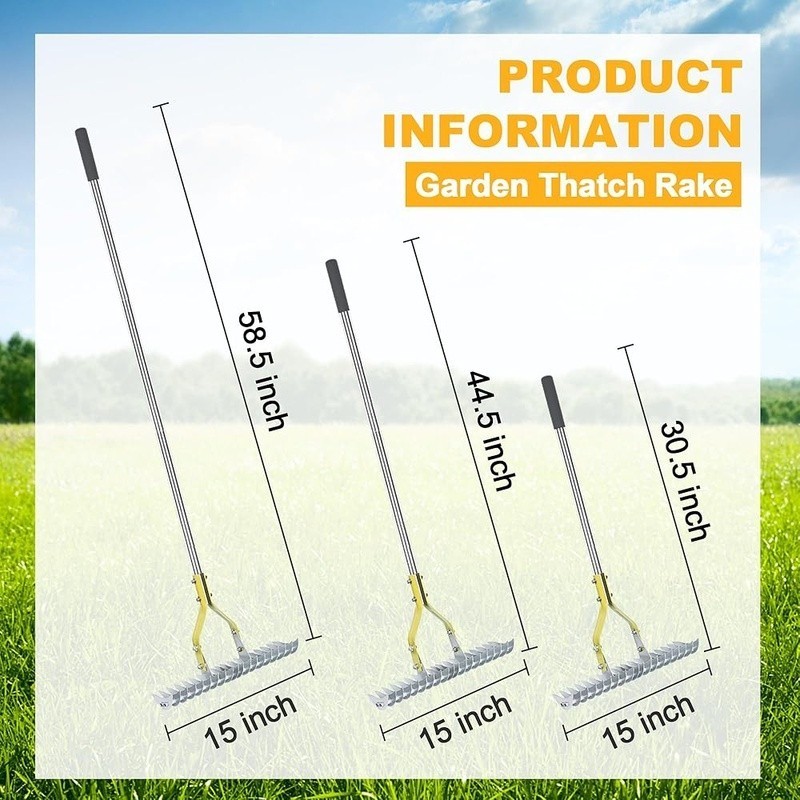 Adjustable Thatching Rake Garden Tool Steel Tines Double Sided Dethatcher New