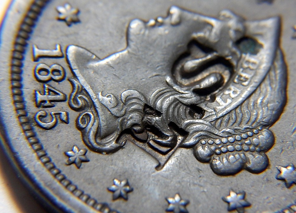 Large cent 1845 AU counterstamp E.S.