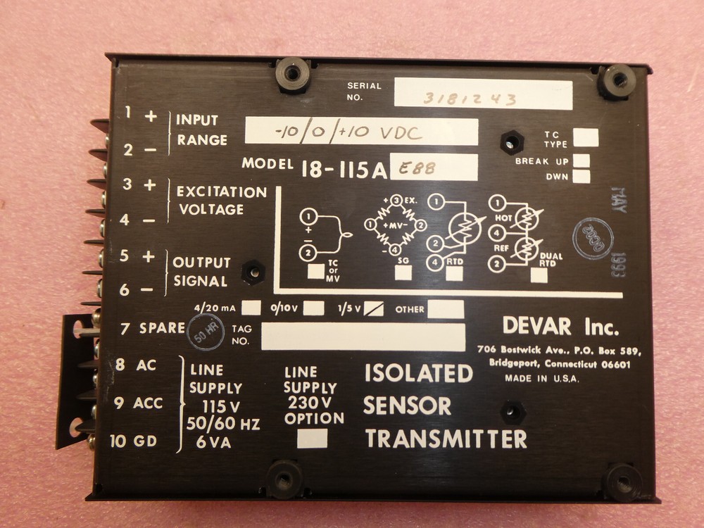 DEVAR 18-115A-E88 ISOLATED SENSOR TRANSMITTER 18-115A-E88/10-E94 18-115A-E88/10-