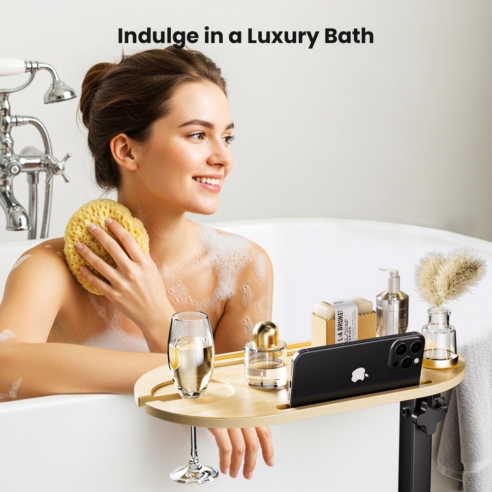 Bamboo Bathtub Table with Adjustable Height, Freestanding Bath Tray Caddy Boa...