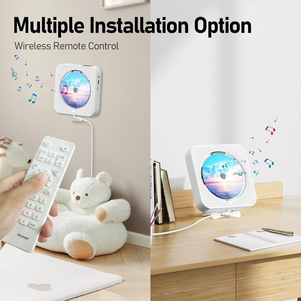 Bluetooth Portable Home CD Music Player with Remote Control, Timer, Built-in ...