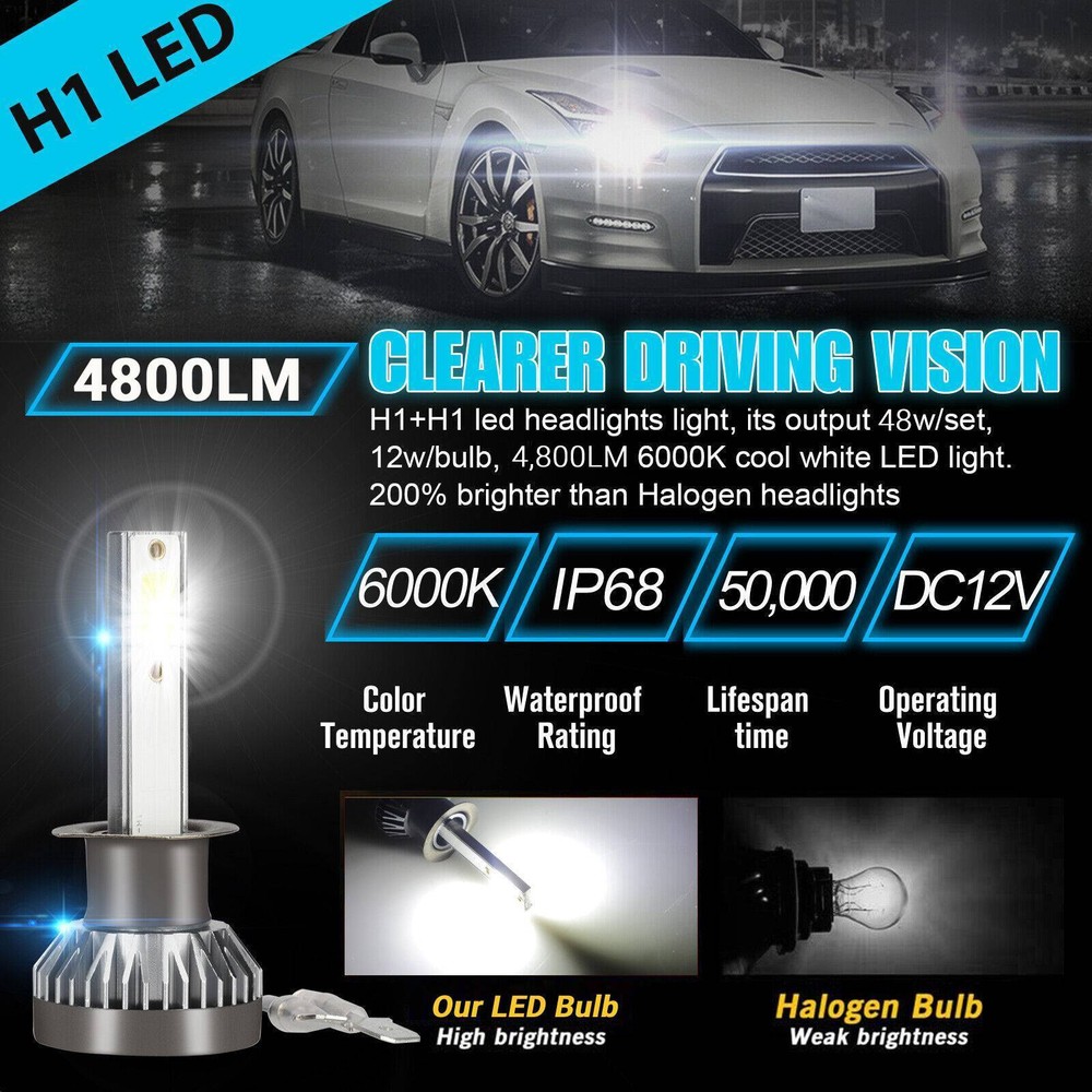 4x H1 LED Headlight Bulbs Conversion Kit High Low Beam 6000K Xenon Super white
