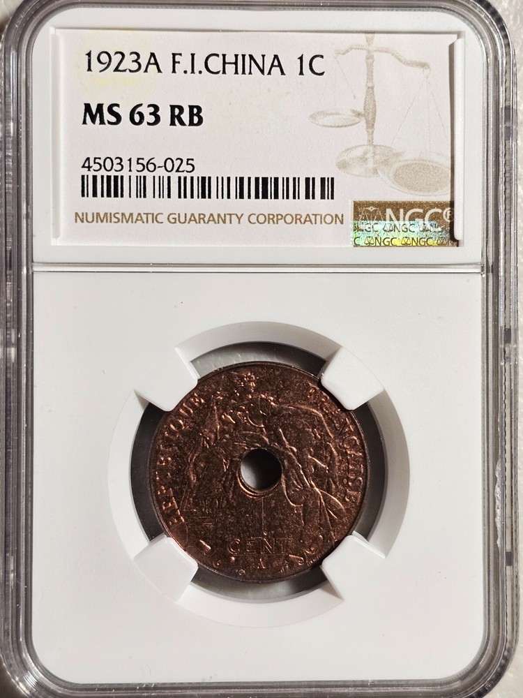 French Indochina 1 Cent 1923A NGC MS 63 RB