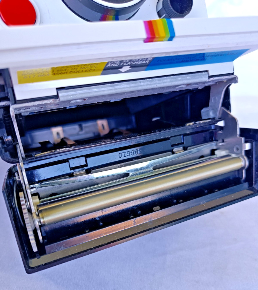 Vintage Polaroid OneStep White Rainbow Stripe Camera + ITT MAGICFLASH