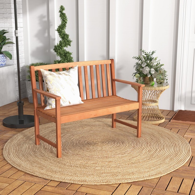 2-Seat Patio Solid Eucalyptus Wood Bench w/ Comfortable Armrest Slatted Backrest