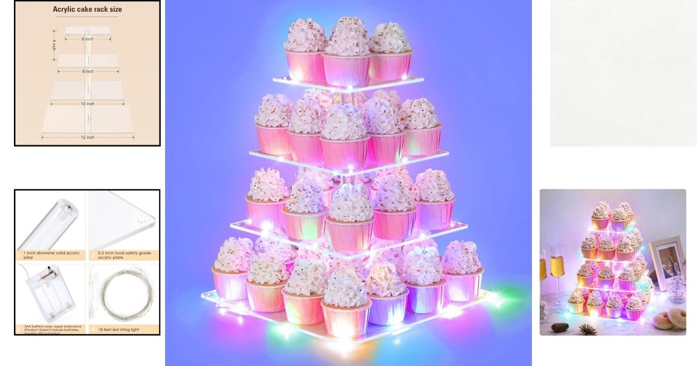 Versatile 4-Tier Cupcake Holder with LED String Lights - Durable Acrylic Design