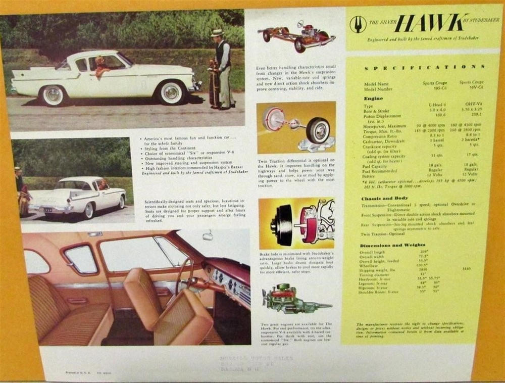 1959 Studebaker Silver Hawk Color Data Sheet Original
