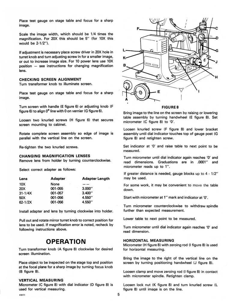 Clausing 14" Model 4301 Optical Comparator Instructions & Parts Manual #1848