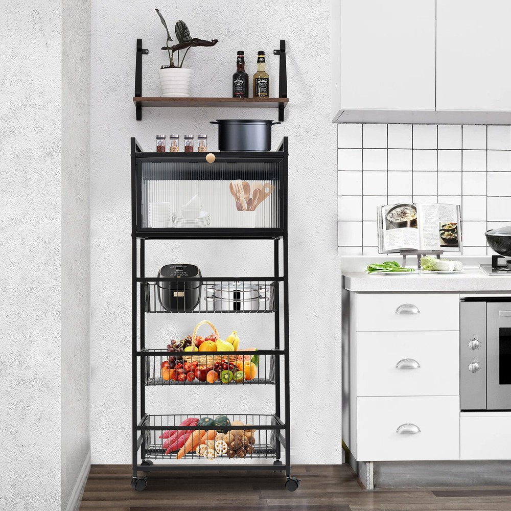 5-Tier Microwave Rack Bread Storage Kitchen Organizer Shelf W/ Brakeable Casters