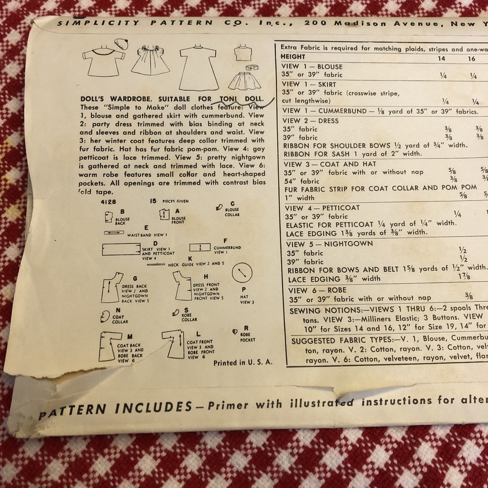 Vintage 14” Doll Clothes Pattern W Instructions 1950’s