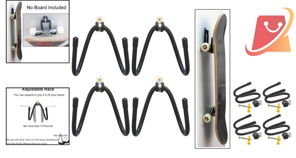 Metal Skateboard Wall Mount Rack 4-Pack Adjustable for Storage Display Vertical