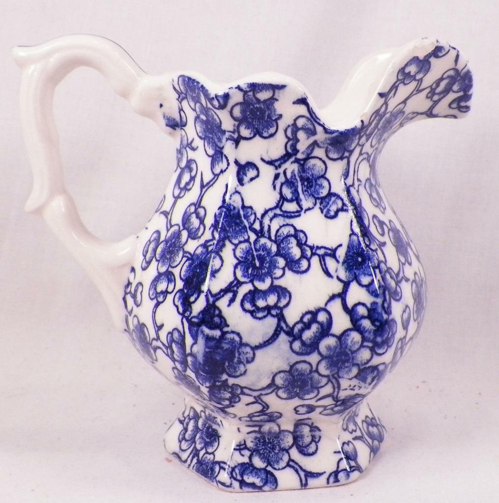 Blue & White Pitcher Ceramic Small Decorative Ruffled Edge As Is