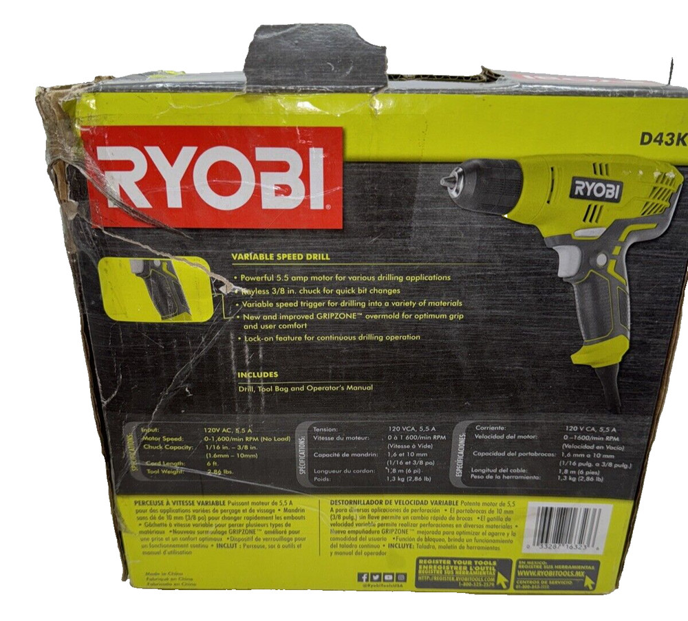 Ryobi Variable Speed 3/8" Compact Drill/Driver D43K Keyless Chuck with Tool Bag